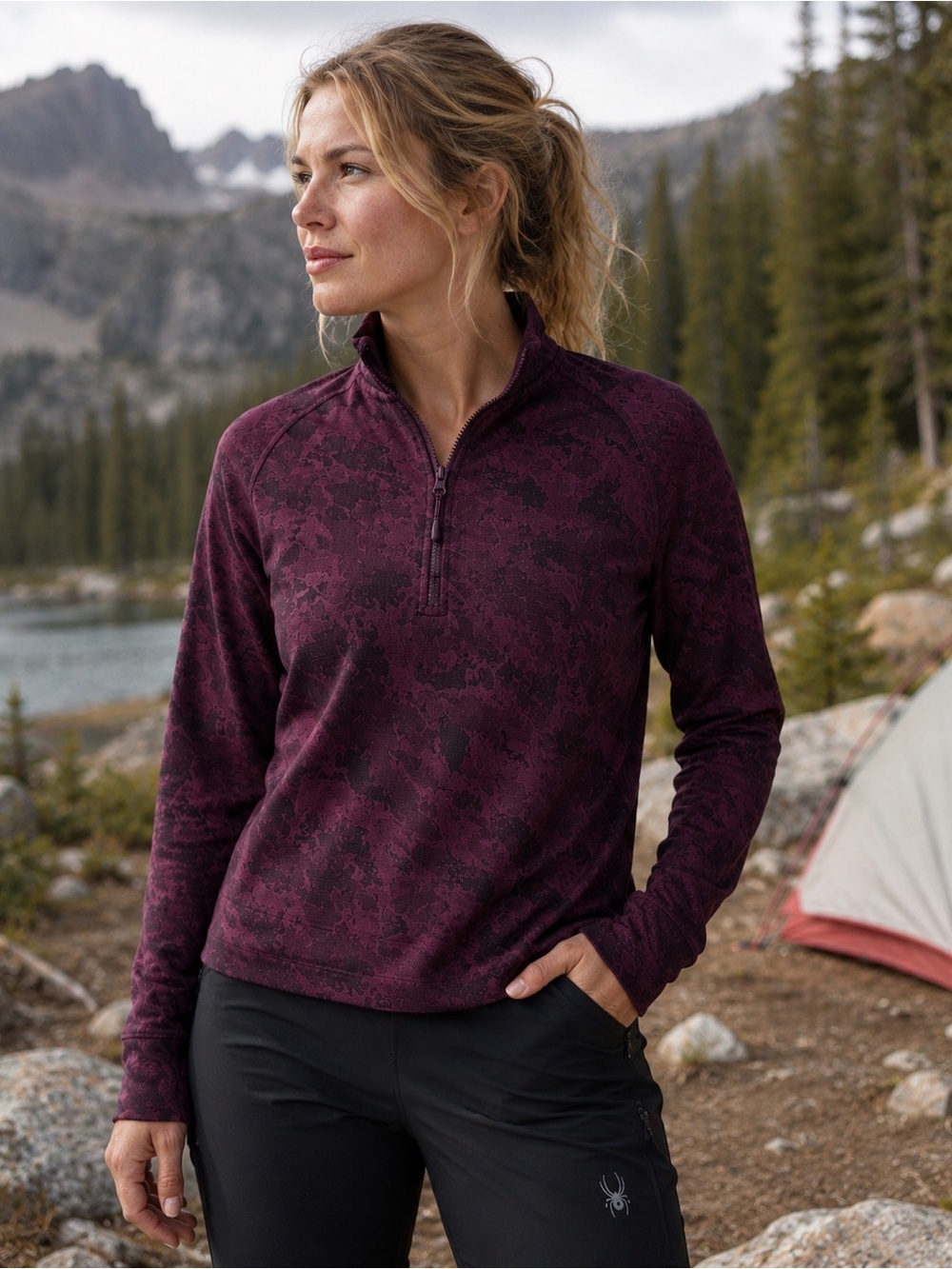 Spyder Womens Half Zip Mock Neck Top Sz M Burgundy Quick Dry Hiking Performance